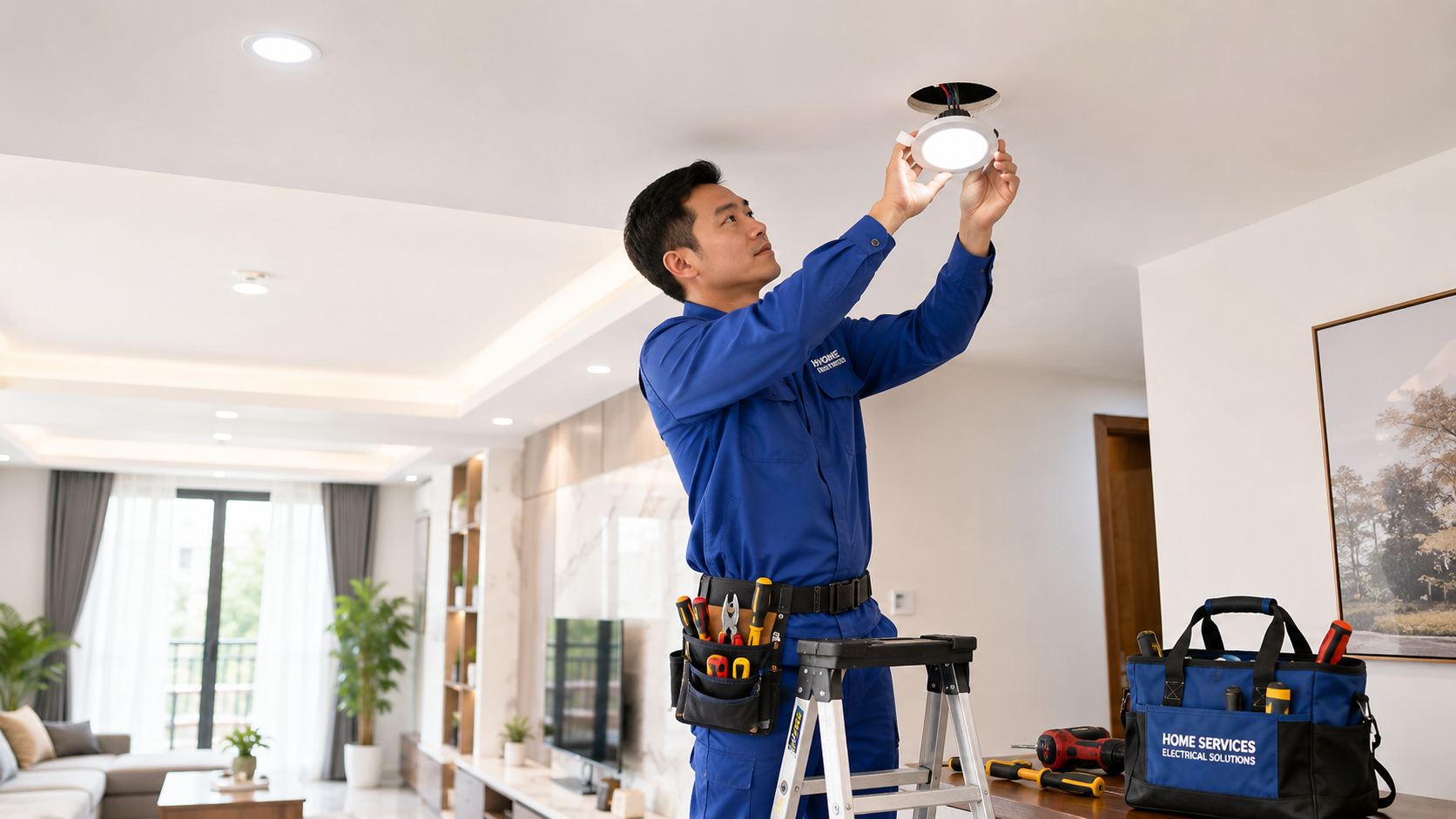 Thợ lắp đặt bóng đèn tại Hà Nội